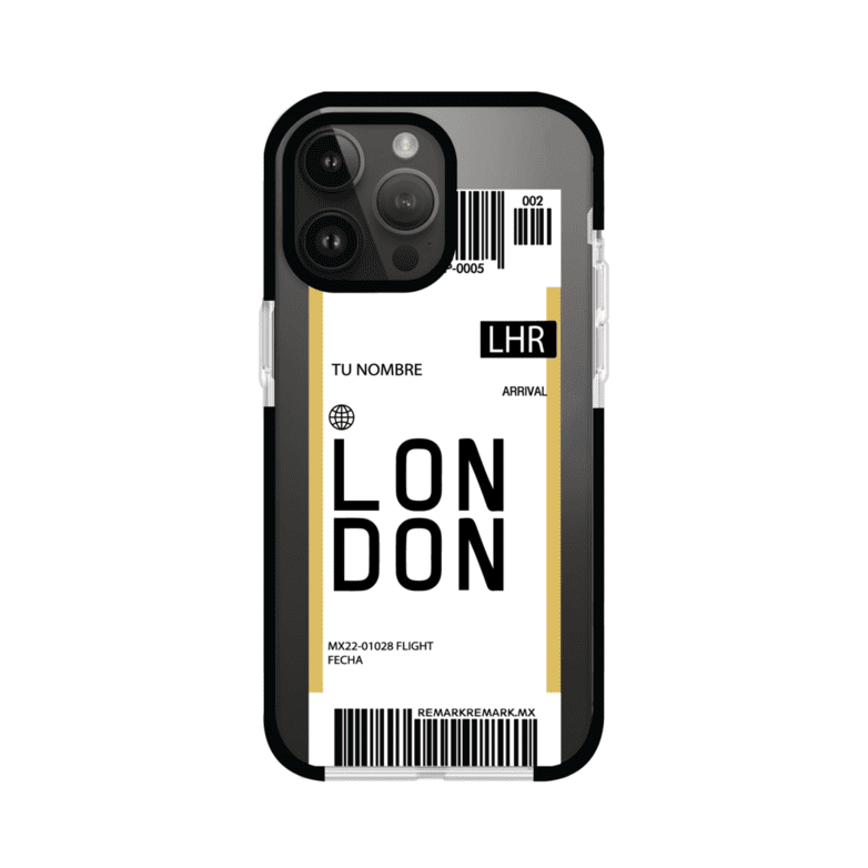 Funda personalizada estilo pase de abordar con diseño de Londres y código LHR, personalizable con nombre y datos de vuelo; producto de Remark MX para iPhone