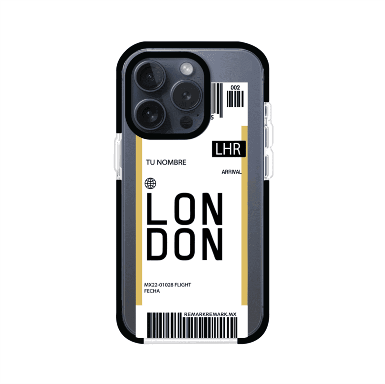 Funda personalizada estilo pase de abordar con diseño de Londres y código LHR, personalizable con nombre y datos de vuelo; producto de Remark MX para iPhone
