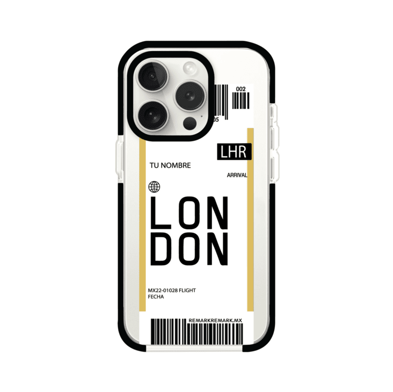 Funda personalizada estilo pase de abordar con diseño de Londres y código LHR, personalizable con nombre y datos de vuelo; producto de Remark MX para iPhone