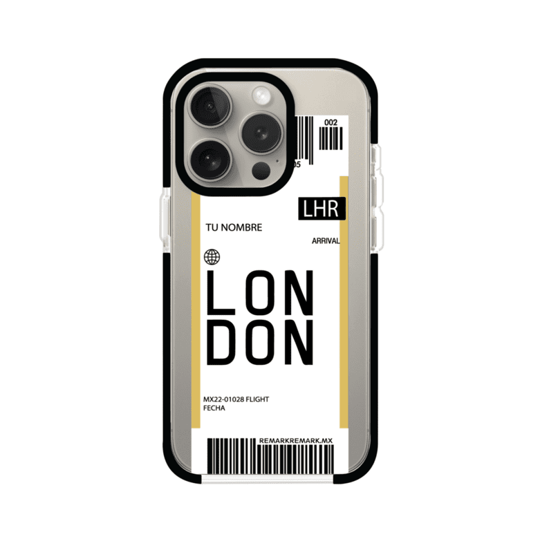 Funda personalizada estilo pase de abordar con diseño de Londres y código LHR, personalizable con nombre y datos de vuelo; producto de Remark MX para iPhone