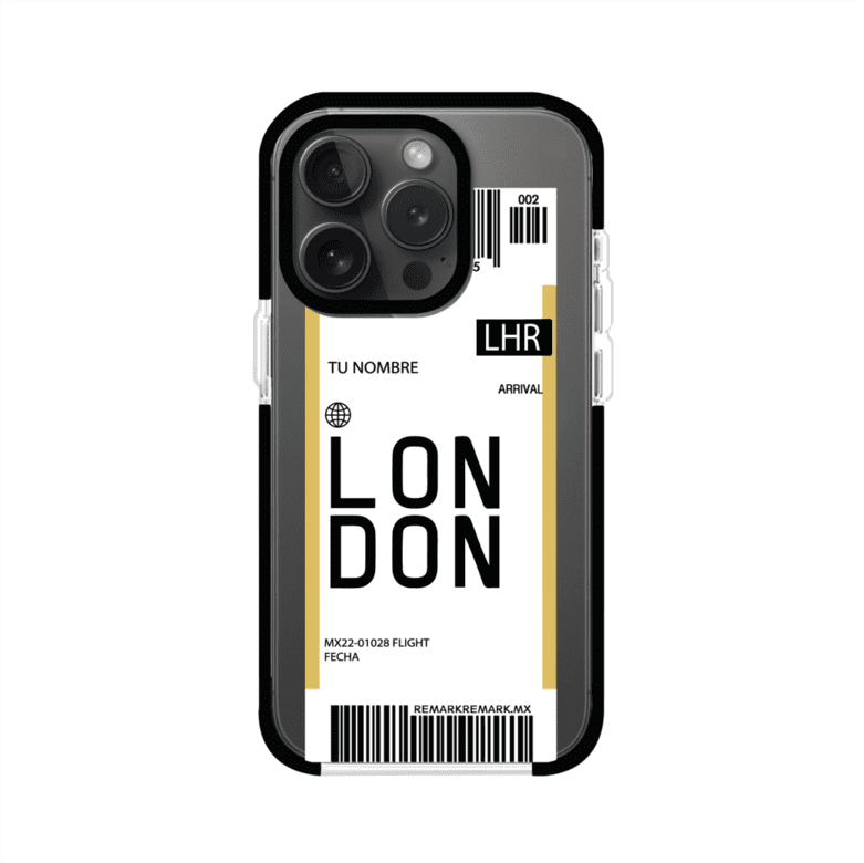 Funda personalizada estilo pase de abordar con diseño de Londres y código LHR, personalizable con nombre y datos de vuelo; producto de Remark MX para iPhone