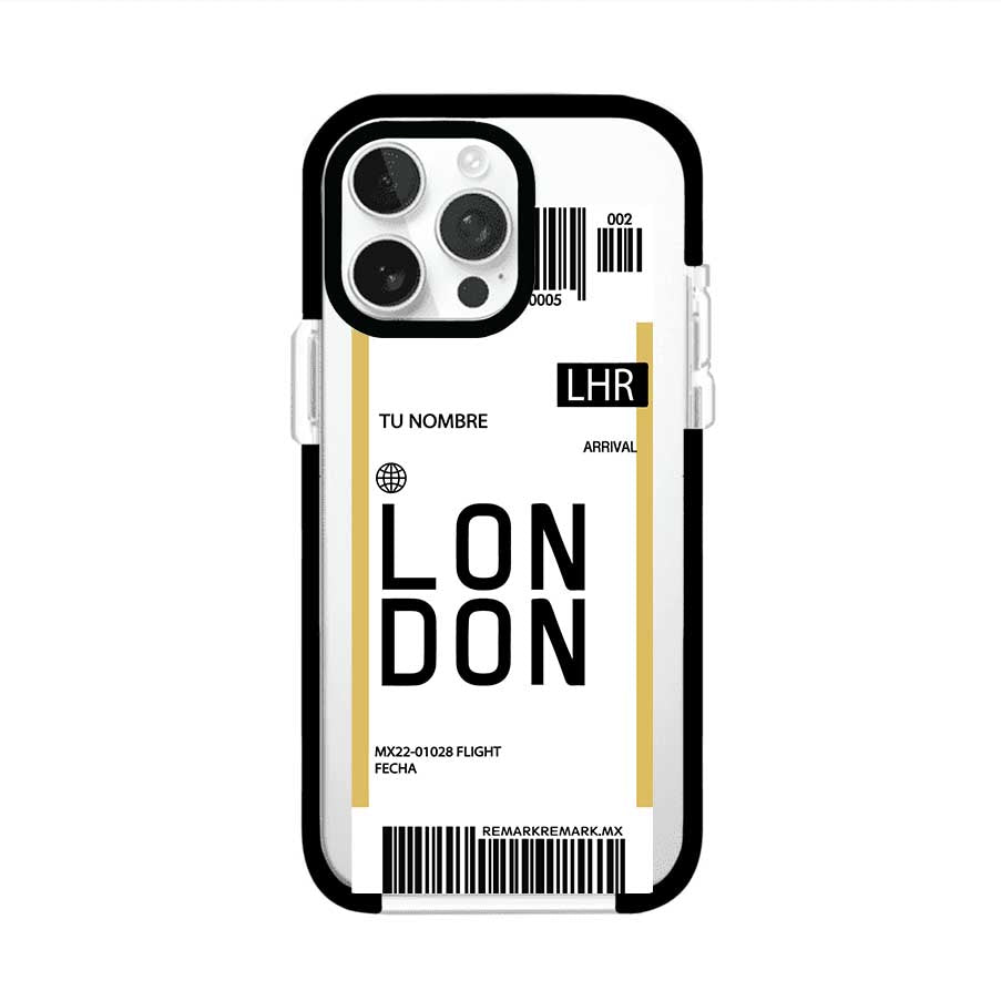 Funda personalizada estilo pase de abordar con diseño de Londres y código LHR, personalizable con nombre y datos de vuelo; producto de Remark MX para iPhone