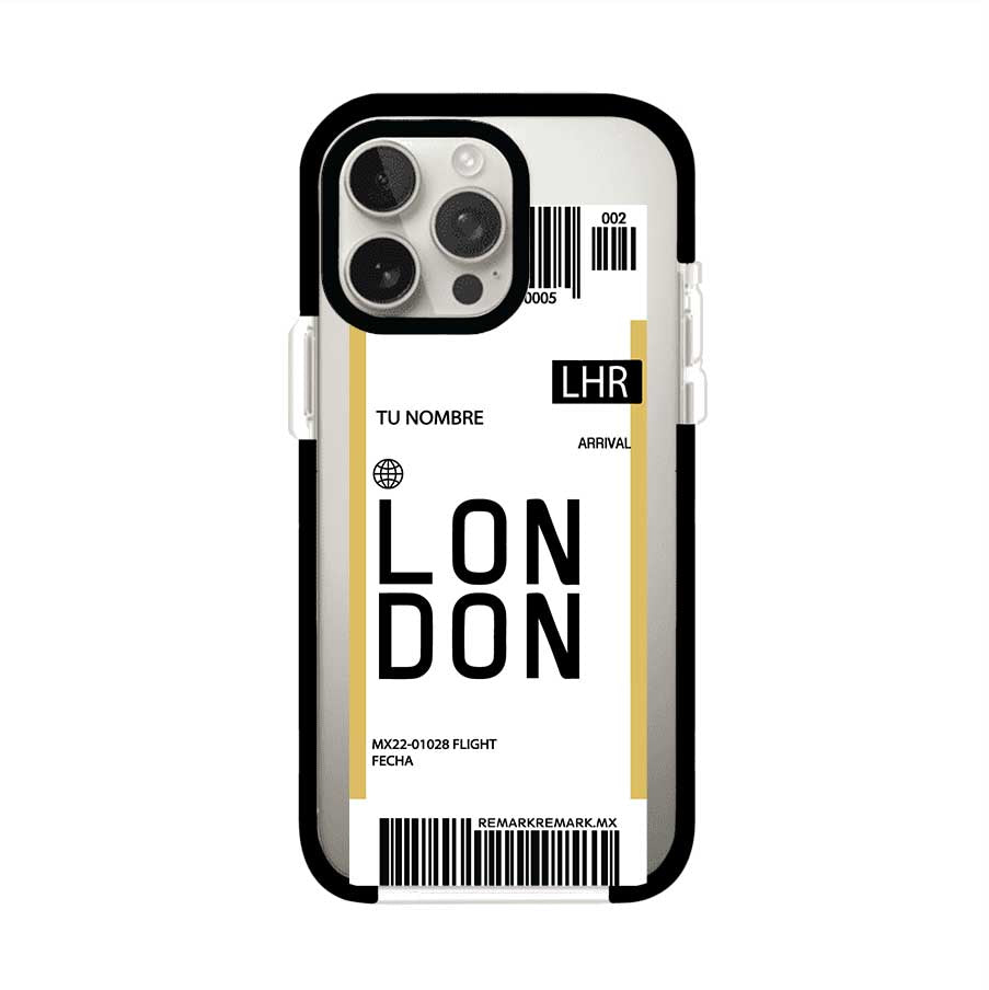 Funda personalizada estilo pase de abordar con diseño de Londres y código LHR, personalizable con nombre y datos de vuelo; producto de Remark MX para iPhone