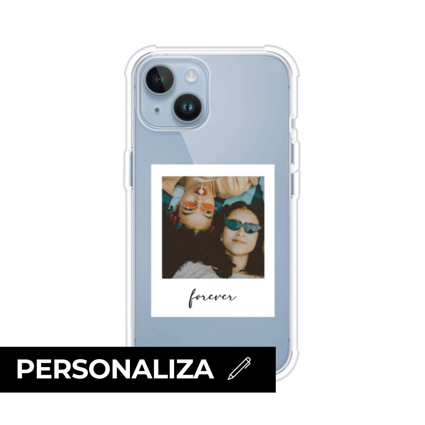 Funda transparente para celular con ilustración personalizada en estilo polaroid minimalista con texto, sobre funda premium, alto impacto y magsafe de Remark Mx