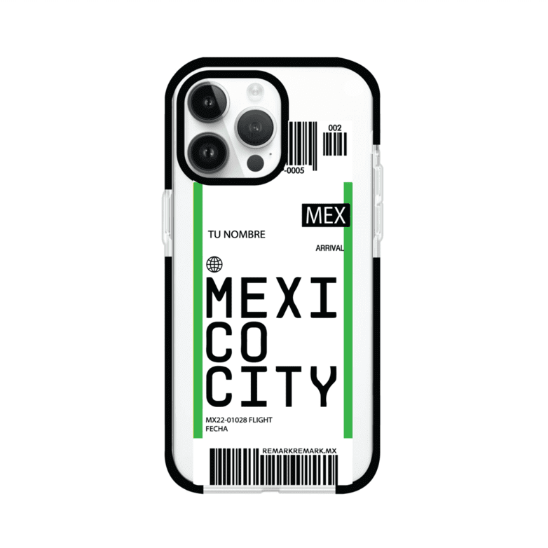 Funda personalizada estilo pase de abordar con diseño de Mexico y código MEX, personalizable con nombre y datos de vuelo; producto de Remark MX para iPhone
