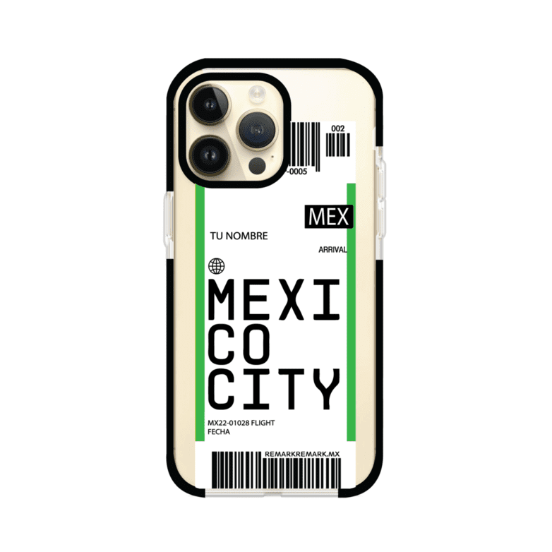 Funda personalizada estilo pase de abordar con diseño de Mexico y código MEX, personalizable con nombre y datos de vuelo; producto de Remark MX para iPhone