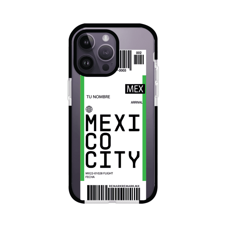 Funda personalizada estilo pase de abordar con diseño de Mexico y código MEX, personalizable con nombre y datos de vuelo; producto de Remark MX para iPhone