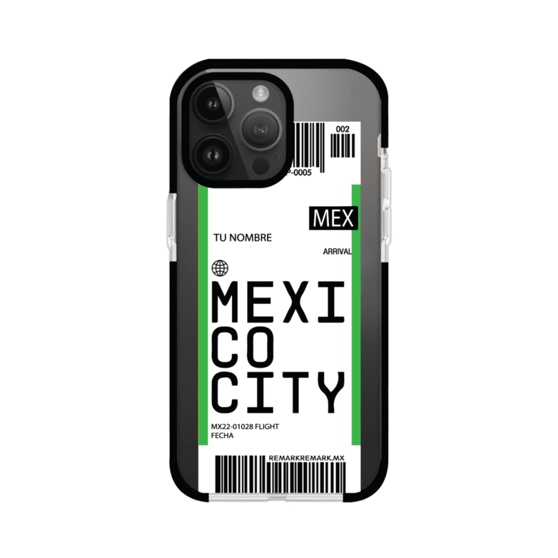 Funda personalizada estilo pase de abordar con diseño de Mexico y código MEX, personalizable con nombre y datos de vuelo; producto de Remark MX para iPhone