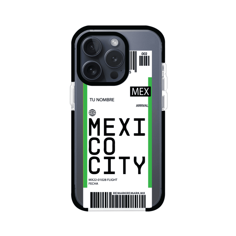 Funda personalizada estilo pase de abordar con diseño de Mexico y código MEX, personalizable con nombre y datos de vuelo; producto de Remark MX para iPhone