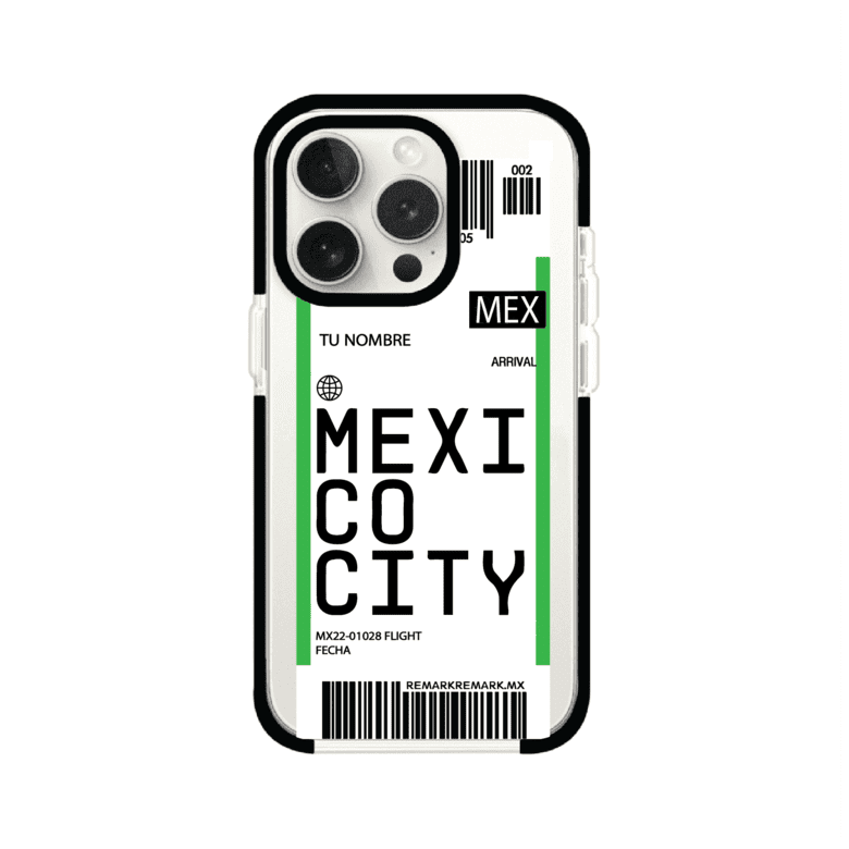 Funda personalizada estilo pase de abordar con diseño de Mexico y código MEX, personalizable con nombre y datos de vuelo; producto de Remark MX para iPhone