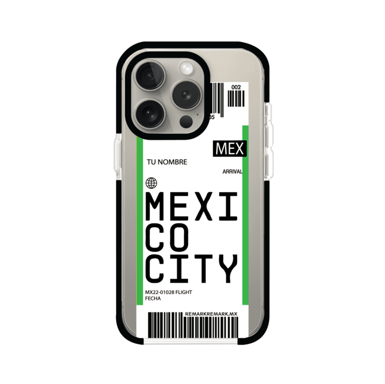 Funda personalizada estilo pase de abordar con diseño de Mexico y código MEX, personalizable con nombre y datos de vuelo; producto de Remark MX para iPhone