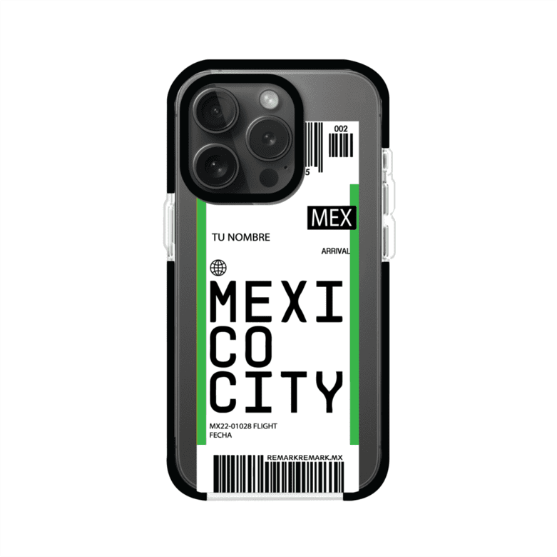 Funda personalizada estilo pase de abordar con diseño de Mexico y código MEX, personalizable con nombre y datos de vuelo; producto de Remark MX para iPhone