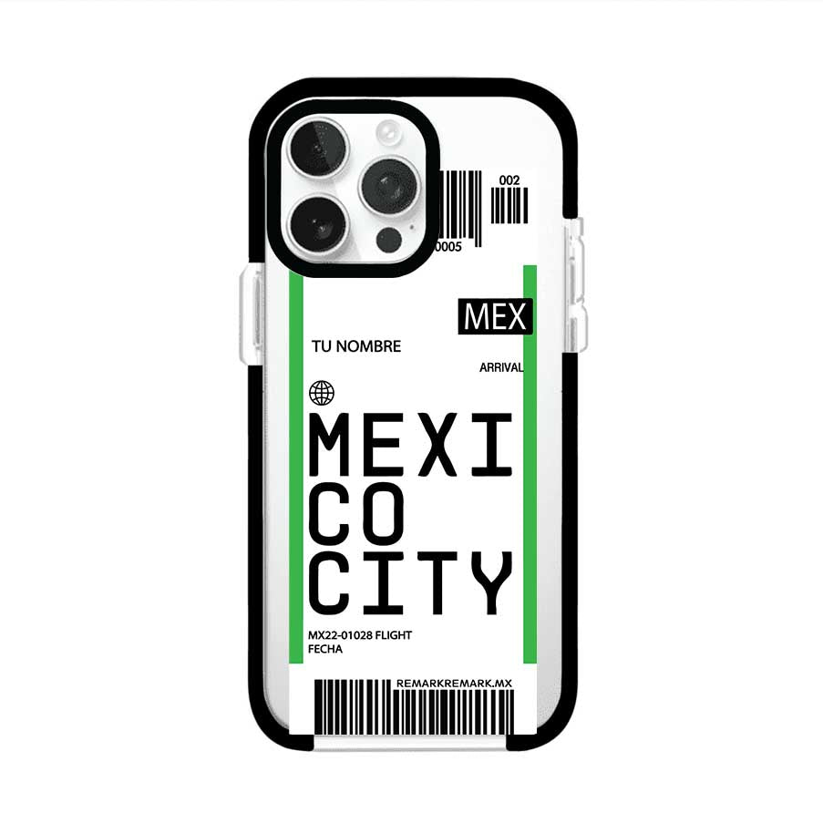 Funda personalizada estilo pase de abordar con diseño de Mexico y código MEX, personalizable con nombre y datos de vuelo; producto de Remark MX para iPhone
