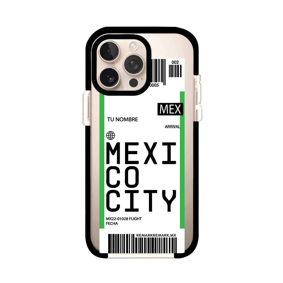 Funda personalizada estilo pase de abordar con diseño de Mexico y código MEX, personalizable con nombre y datos de vuelo; producto de Remark MX para iPhone