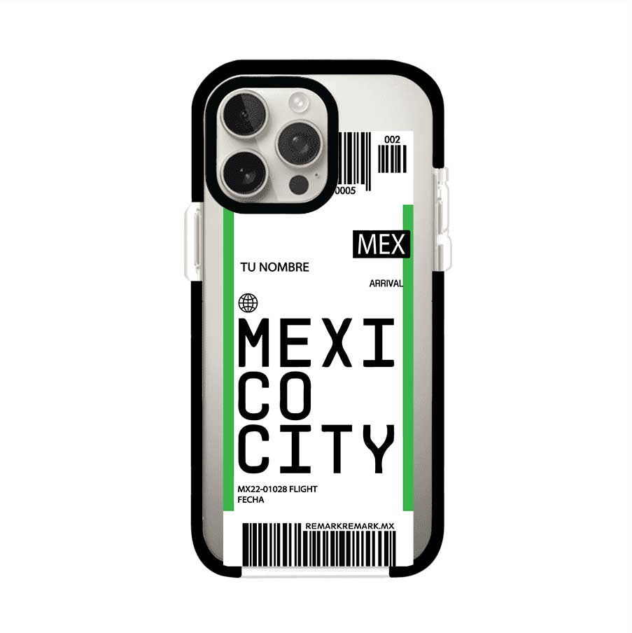 Funda personalizada estilo pase de abordar con diseño de Mexico y código MEX, personalizable con nombre y datos de vuelo; producto de Remark MX para iPhone