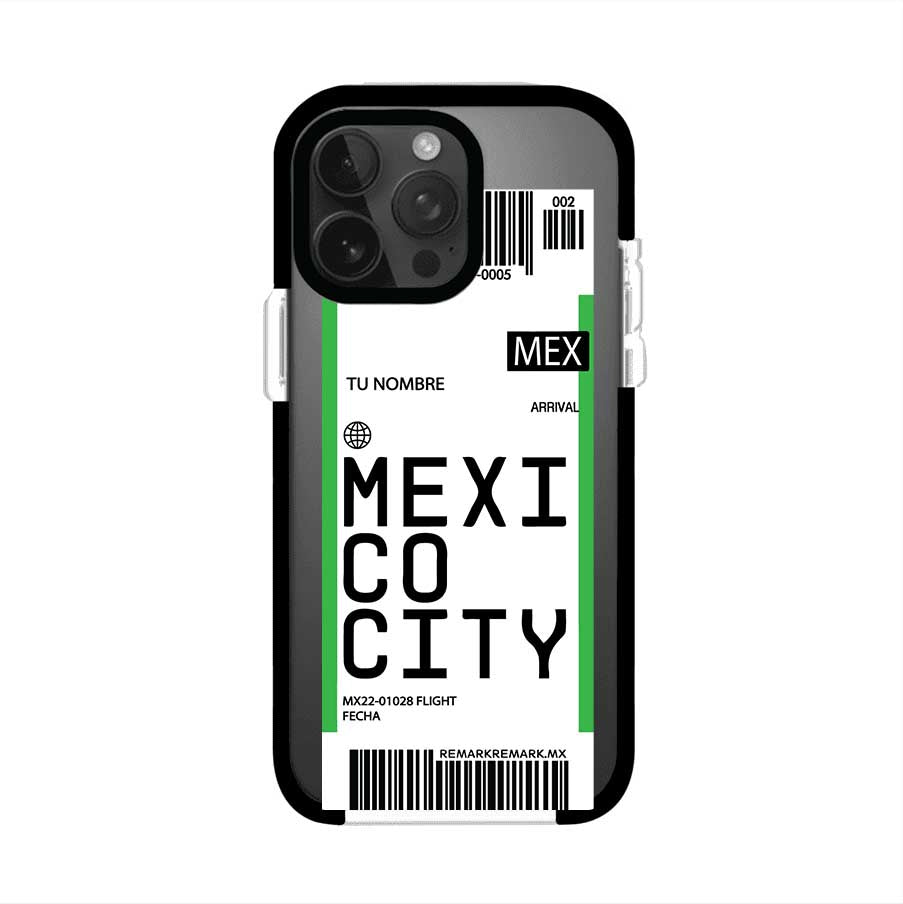 Funda personalizada estilo pase de abordar con diseño de Mexico y código MEX, personalizable con nombre y datos de vuelo; producto de Remark MX para iPhone