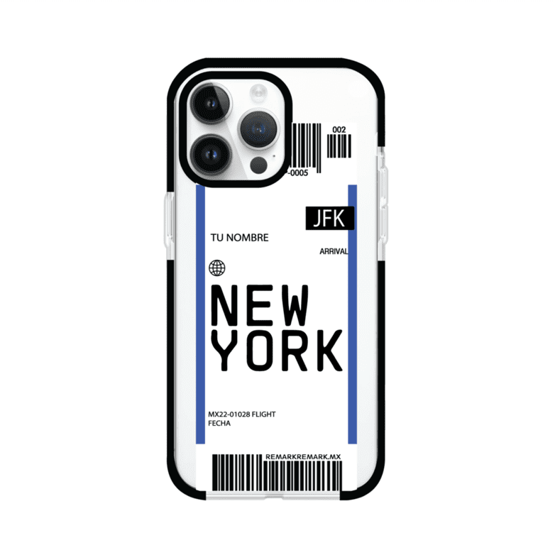 Funda personalizada estilo pase de abordar con diseño de Nueva York y código JFK, personalizable con nombre y datos de vuelo; producto de Remark MX para iPhone