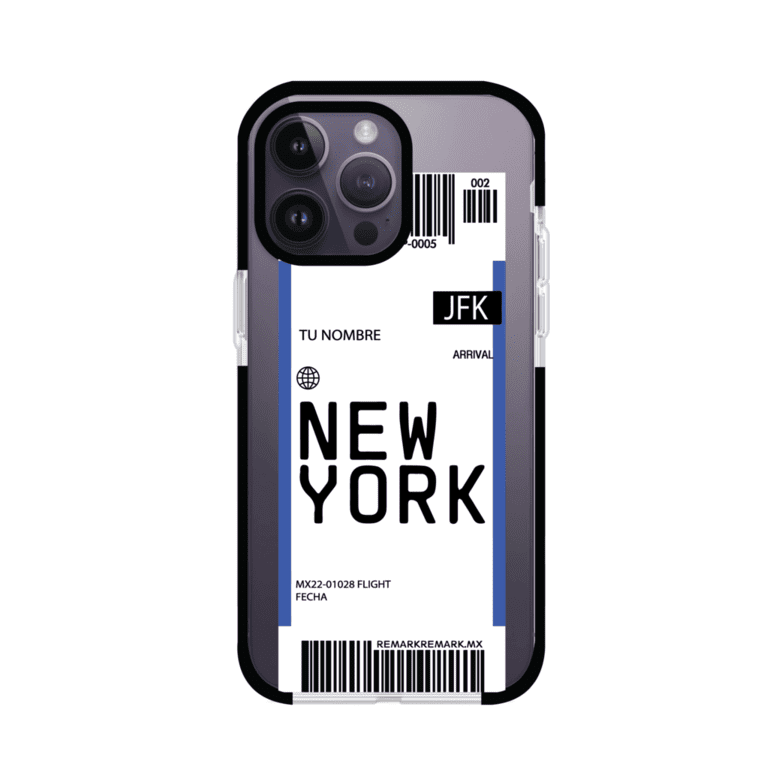 Funda personalizada estilo pase de abordar con diseño de Nueva York y código JFK, personalizable con nombre y datos de vuelo; producto de Remark MX para iPhone