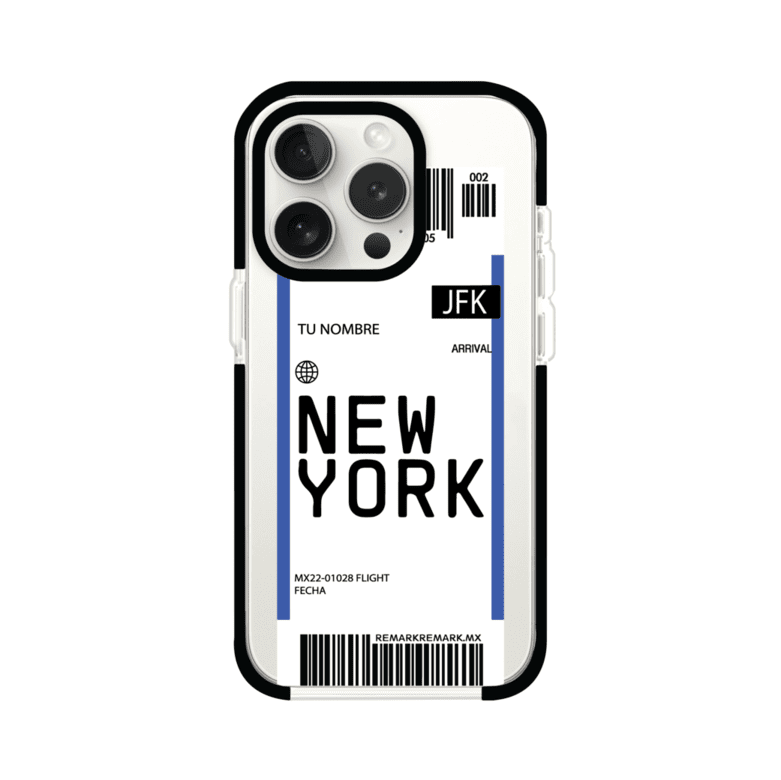 Funda personalizada estilo pase de abordar con diseño de Nueva York y código JFK, personalizable con nombre y datos de vuelo; producto de Remark MX para iPhone