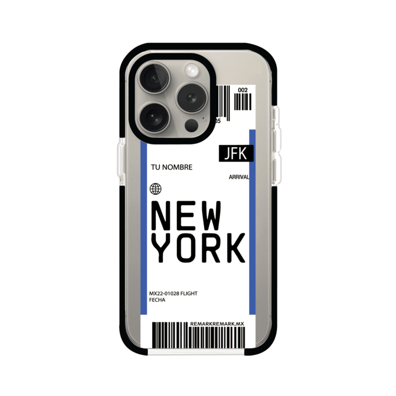 Funda personalizada estilo pase de abordar con diseño de Nueva York y código JFK, personalizable con nombre y datos de vuelo; producto de Remark MX para iPhone