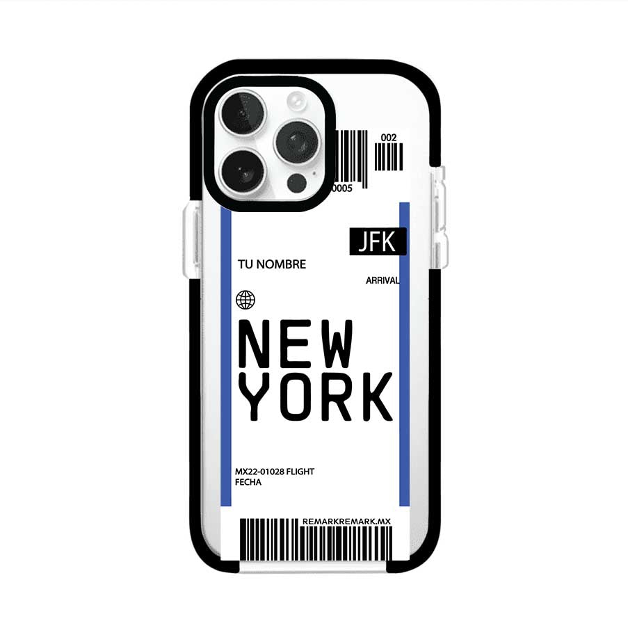 Funda personalizada estilo pase de abordar con diseño de Nueva York y código JFK, personalizable con nombre y datos de vuelo; producto de Remark MX para iPhone