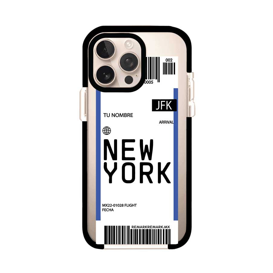 Funda personalizada estilo pase de abordar con diseño de Nueva York y código JFK, personalizable con nombre y datos de vuelo; producto de Remark MX para iPhone
