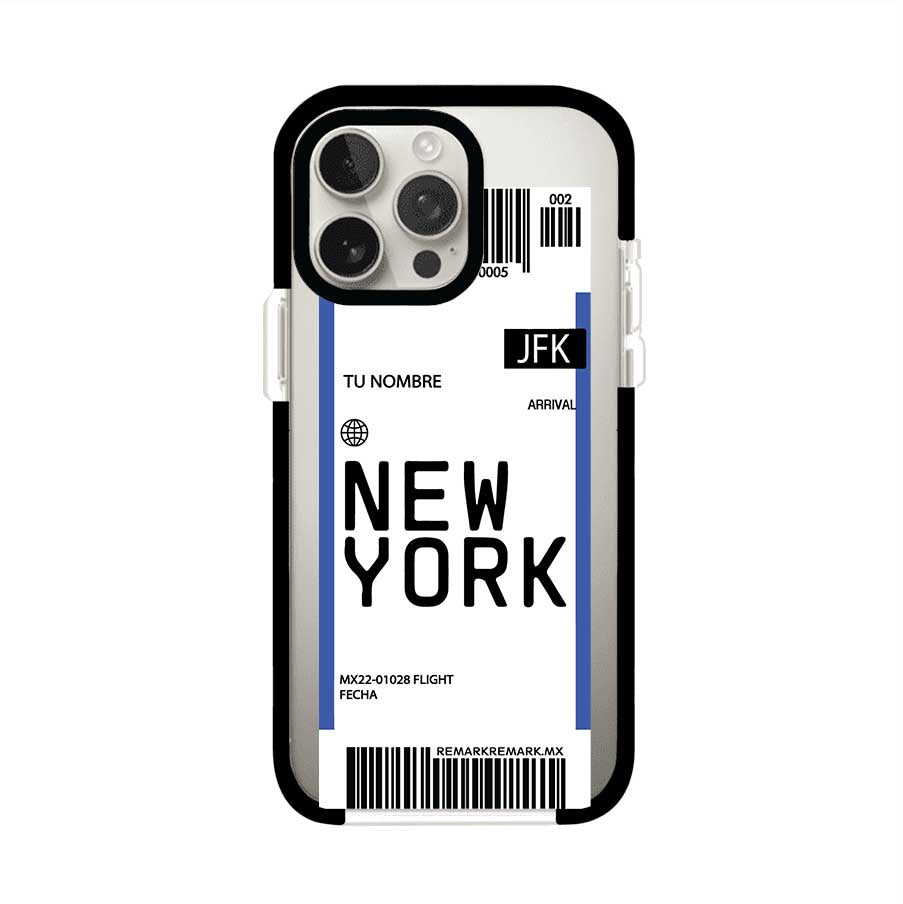 Funda personalizada estilo pase de abordar con diseño de Nueva York y código JFK, personalizable con nombre y datos de vuelo; producto de Remark MX para iPhone
