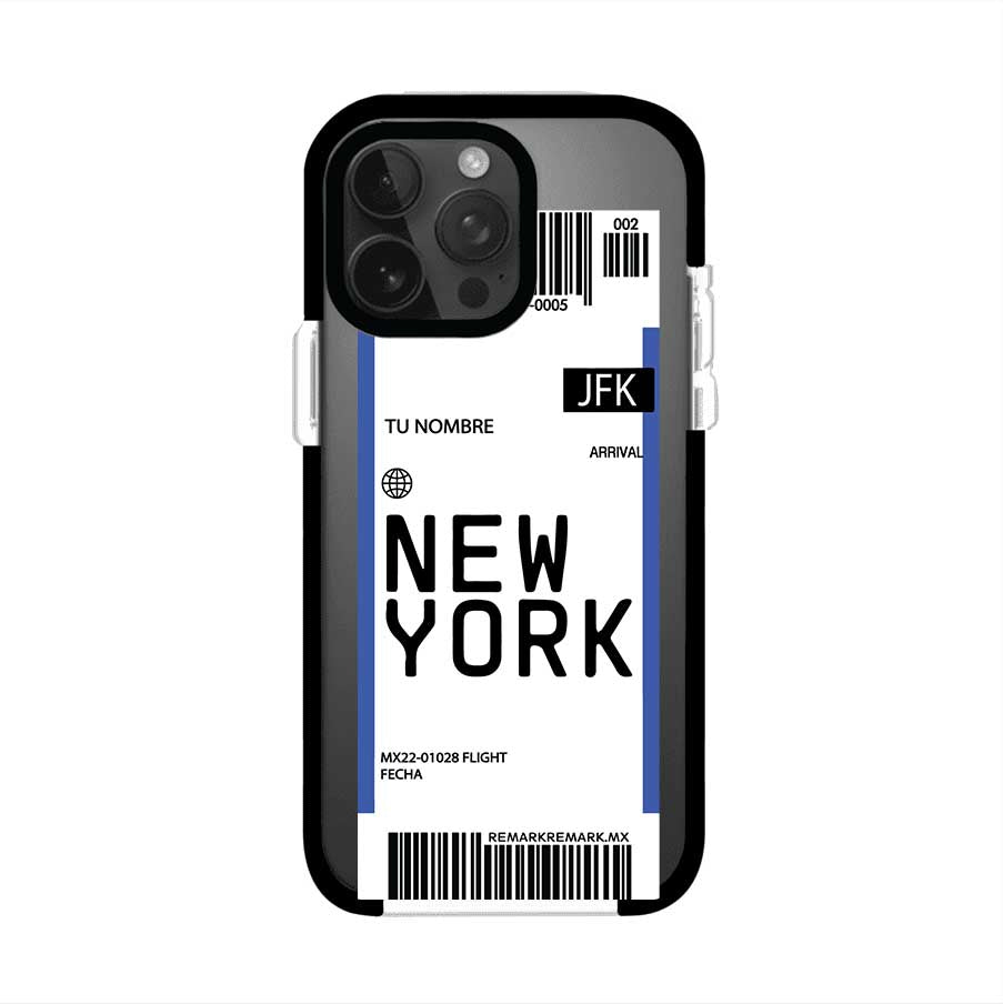 Funda personalizada estilo pase de abordar con diseño de Nueva York y código JFK, personalizable con nombre y datos de vuelo; producto de Remark MX para iPhone