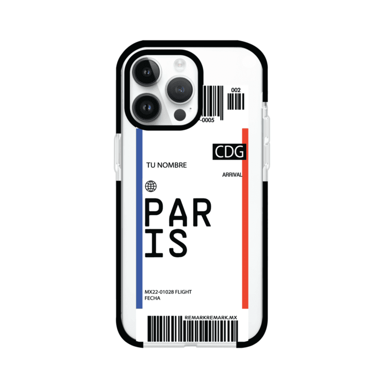 Funda personalizada estilo pase de abordar con diseño de París y código CDG, personalizable con nombre y datos de vuelo; producto de Remark MX para iPhone