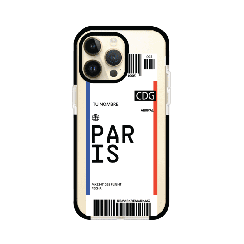 Funda personalizada estilo pase de abordar con diseño de París y código CDG, personalizable con nombre y datos de vuelo; producto de Remark MX para iPhone