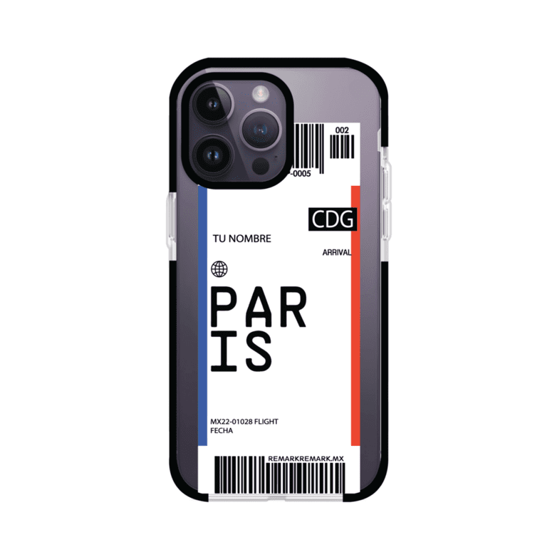 Funda personalizada estilo pase de abordar con diseño de París y código CDG, personalizable con nombre y datos de vuelo; producto de Remark MX para iPhone