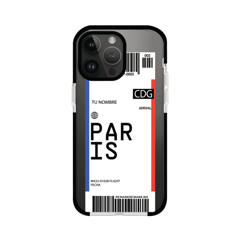 Funda personalizada estilo pase de abordar con diseño de París y código CDG, personalizable con nombre y datos de vuelo; producto de Remark MX para iPhone