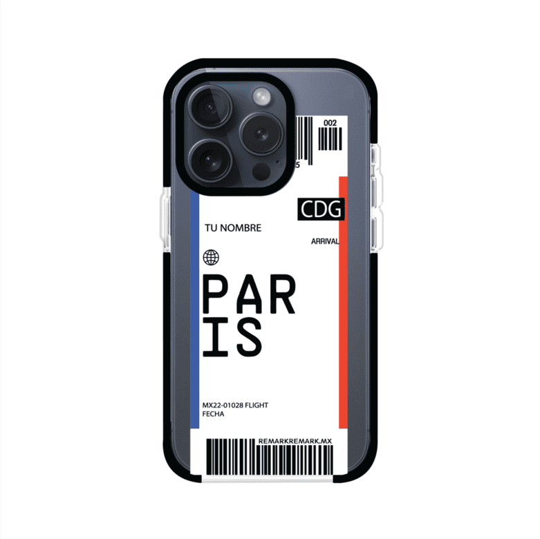 Funda personalizada estilo pase de abordar con diseño de París y código CDG, personalizable con nombre y datos de vuelo; producto de Remark MX para iPhone