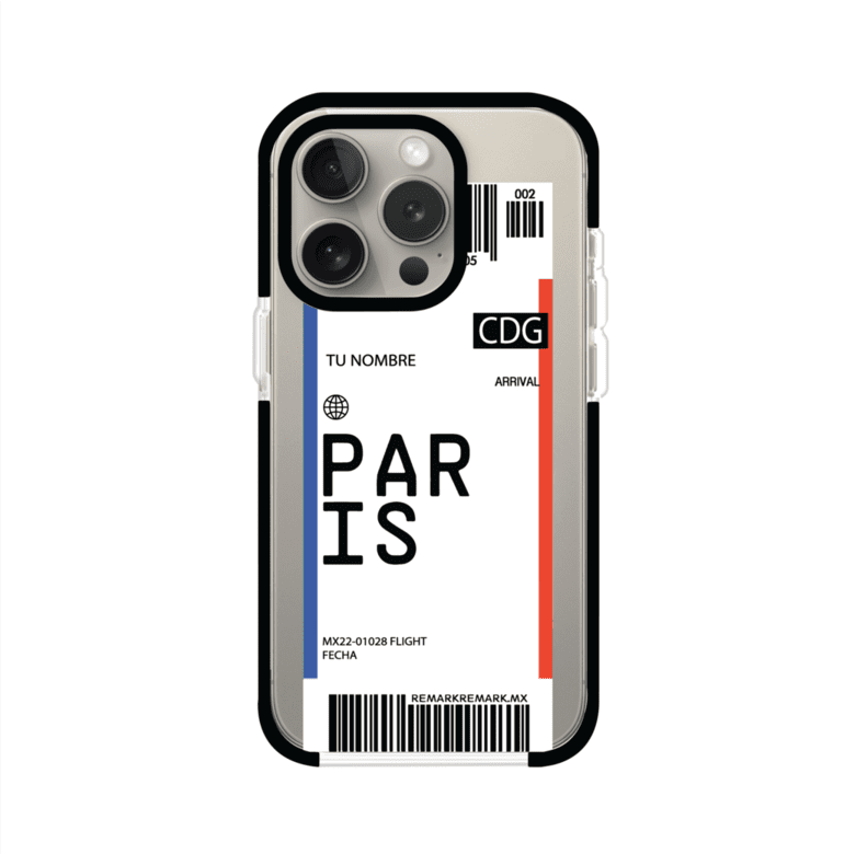 Funda personalizada estilo pase de abordar con diseño de París y código CDG, personalizable con nombre y datos de vuelo; producto de Remark MX para iPhone