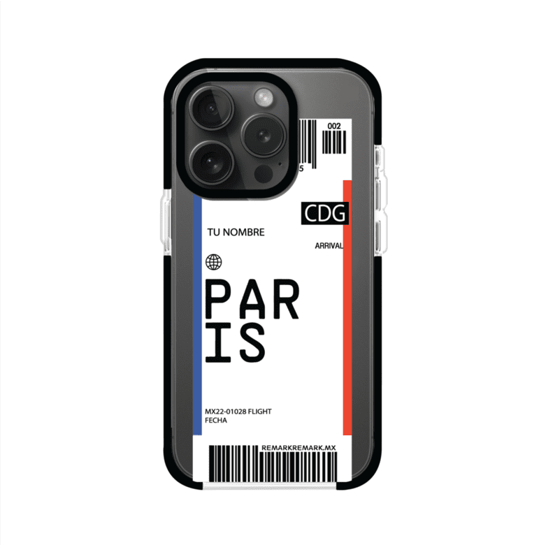 Funda personalizada estilo pase de abordar con diseño de París y código CDG, personalizable con nombre y datos de vuelo; producto de Remark MX para iPhone