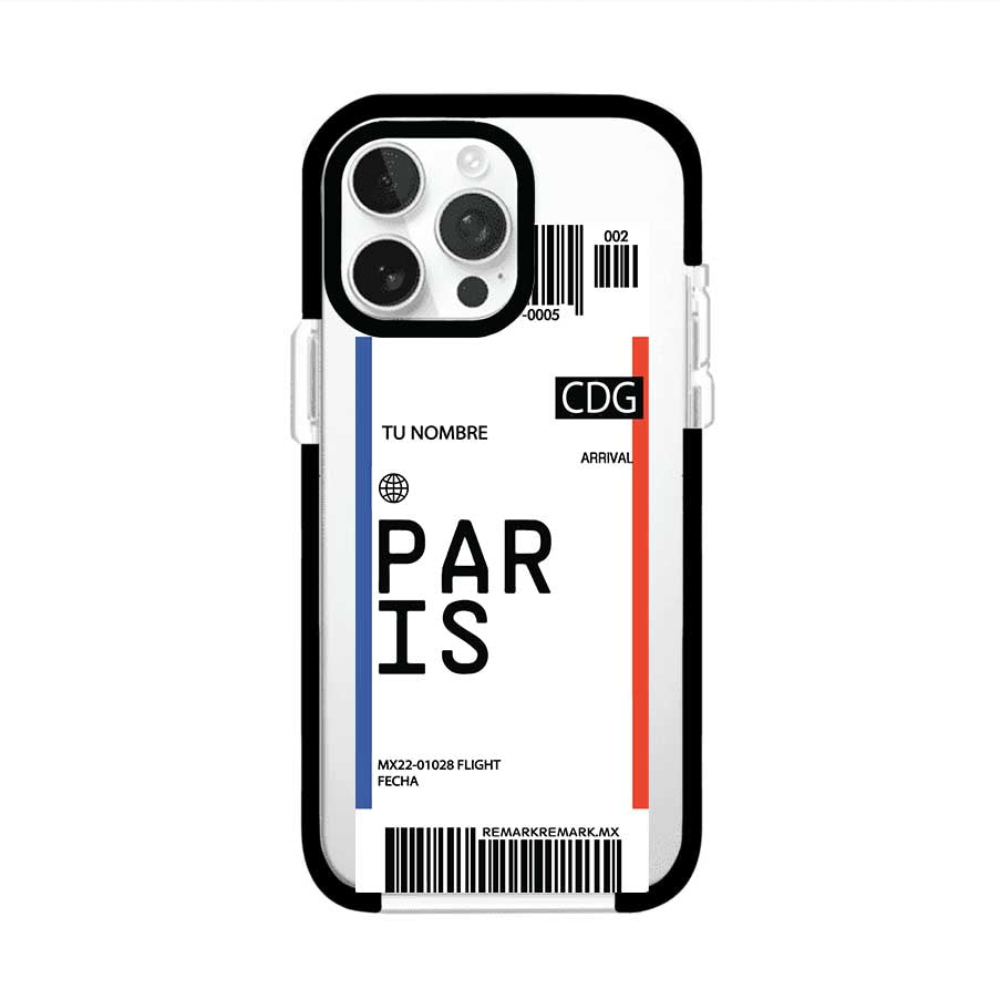 Funda personalizada estilo pase de abordar con diseño de París y código CDG, personalizable con nombre y datos de vuelo; producto de Remark MX para iPhone