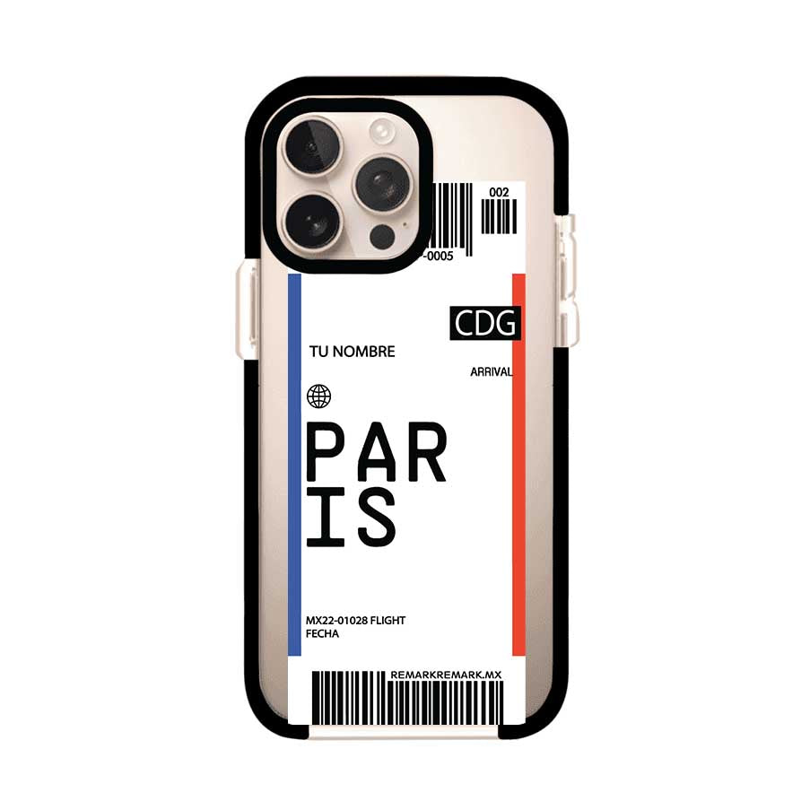 Funda personalizada estilo pase de abordar con diseño de París y código CDG, personalizable con nombre y datos de vuelo; producto de Remark MX para iPhone