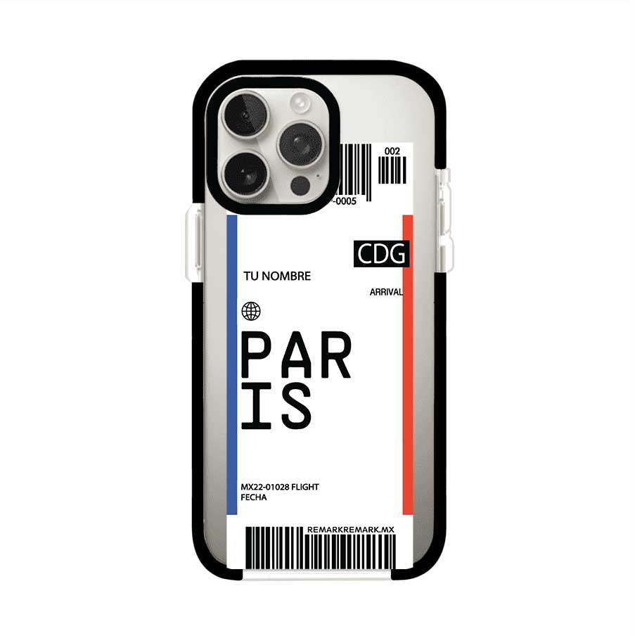 Funda personalizada estilo pase de abordar con diseño de París y código CDG, personalizable con nombre y datos de vuelo; producto de Remark MX para iPhone