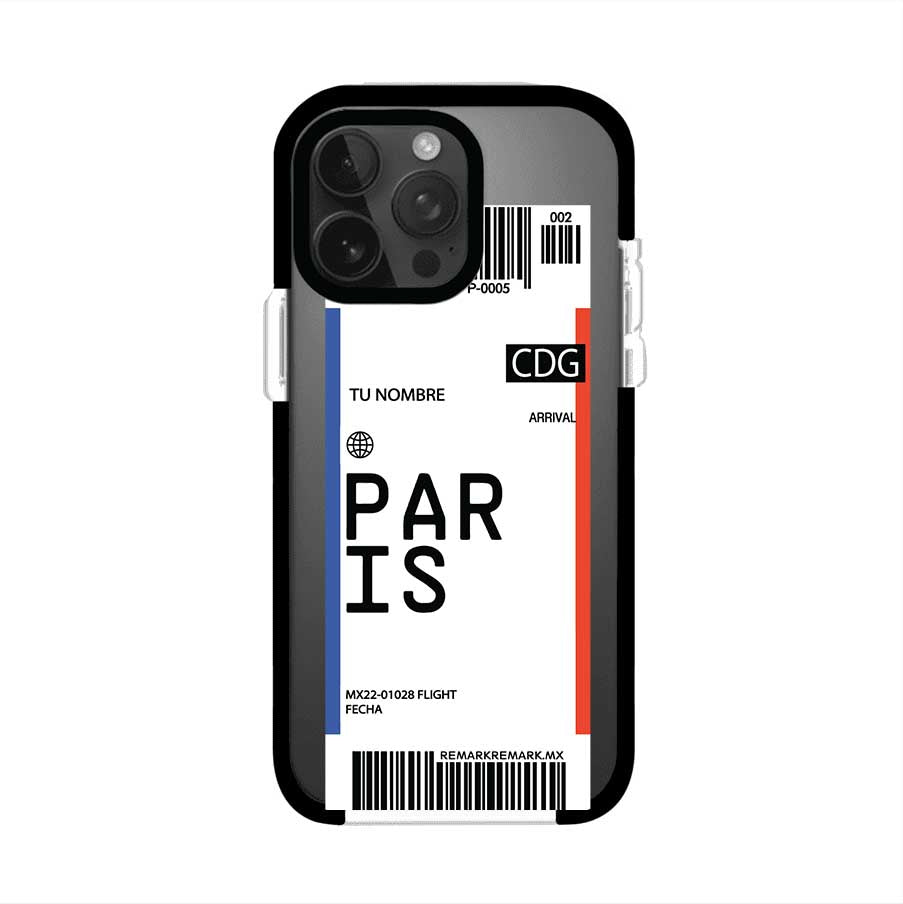 Funda personalizada estilo pase de abordar con diseño de París y código CDG, personalizable con nombre y datos de vuelo; producto de Remark MX para iPhone