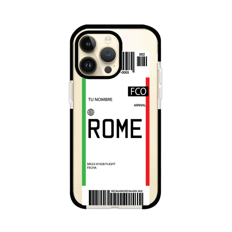 Funda personalizada estilo pase de abordar con diseño de Roma y código FCO, personalizable con nombre y datos de vuelo; producto de Remark MX para iPhone