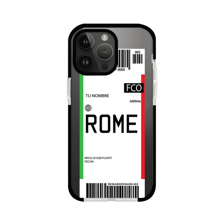 Funda personalizada estilo pase de abordar con diseño de Roma y código FCO, personalizable con nombre y datos de vuelo; producto de Remark MX para iPhone