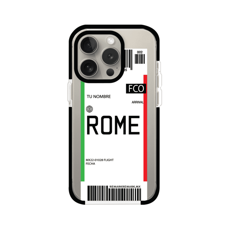 Funda personalizada estilo pase de abordar con diseño de Roma y código FCO, personalizable con nombre y datos de vuelo; producto de Remark MX para iPhone