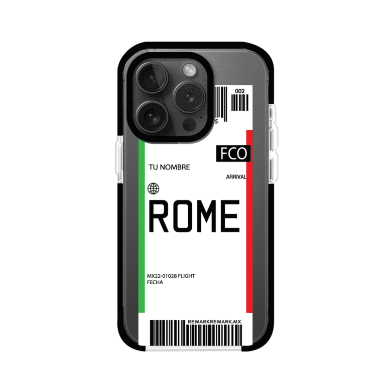 Funda personalizada estilo pase de abordar con diseño de Roma y código FCO, personalizable con nombre y datos de vuelo; producto de Remark MX para iPhone