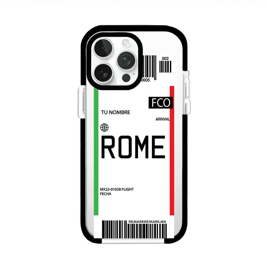 Funda personalizada estilo pase de abordar con diseño de Roma y código FCO, personalizable con nombre y datos de vuelo; producto de Remark MX para iPhone
