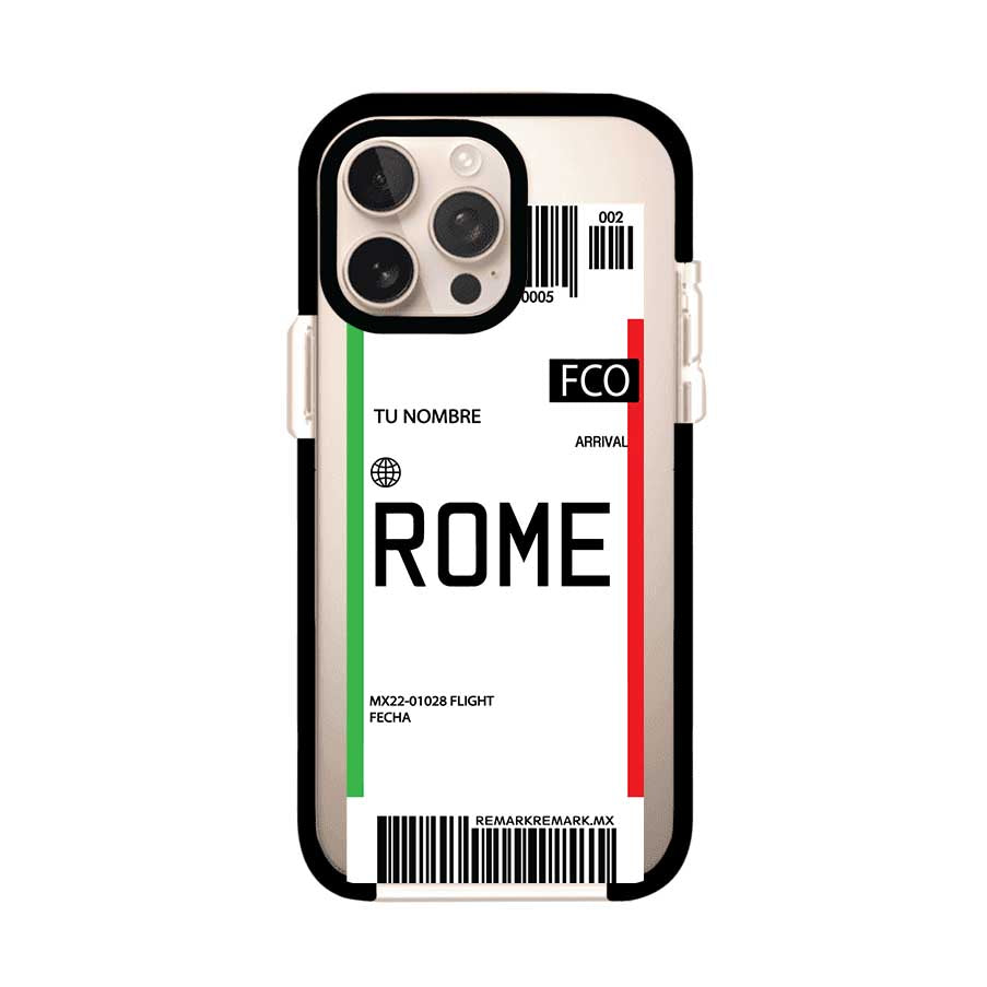 Funda personalizada estilo pase de abordar con diseño de Roma y código FCO, personalizable con nombre y datos de vuelo; producto de Remark MX para iPhone