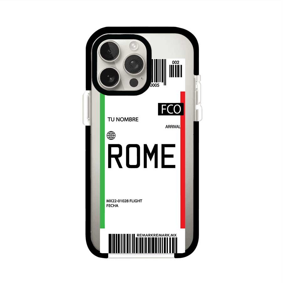 Funda personalizada estilo pase de abordar con diseño de Roma y código FCO, personalizable con nombre y datos de vuelo; producto de Remark MX para iPhone