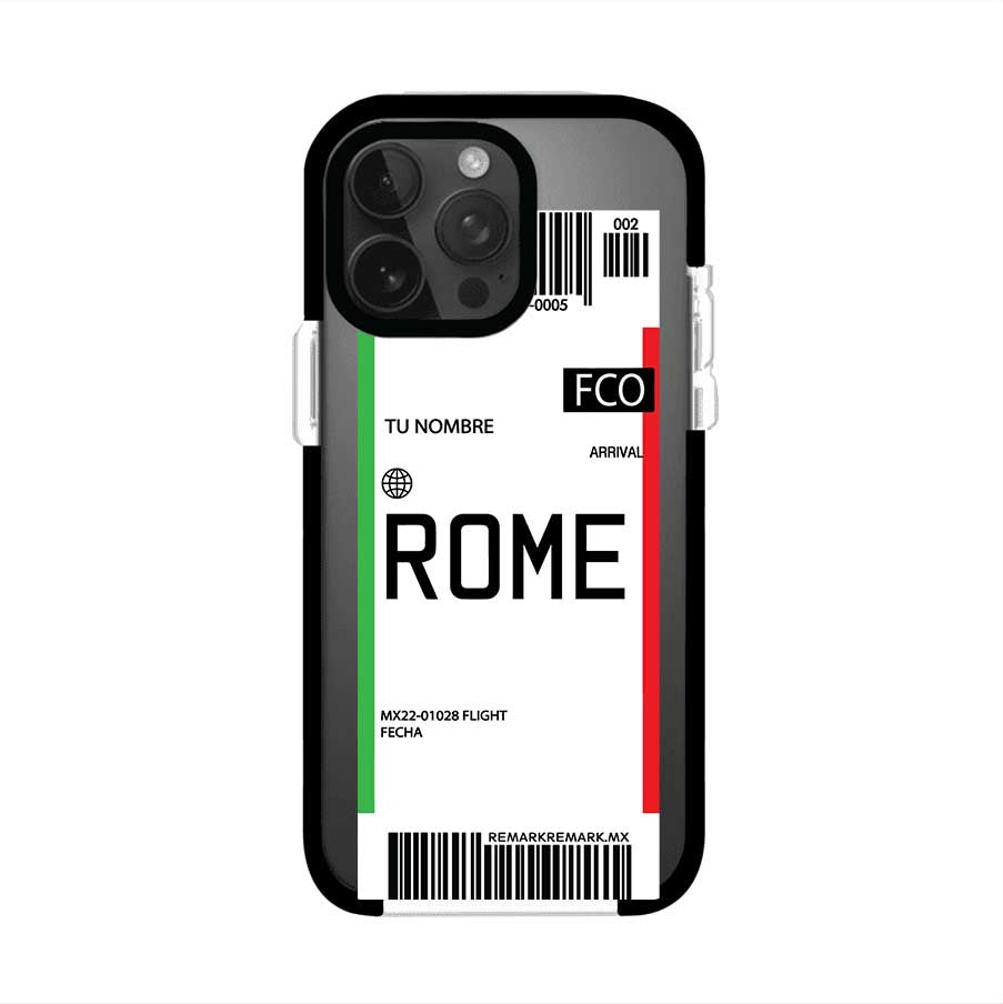 Funda personalizada estilo pase de abordar con diseño de Roma y código FCO, personalizable con nombre y datos de vuelo; producto de Remark MX para iPhone