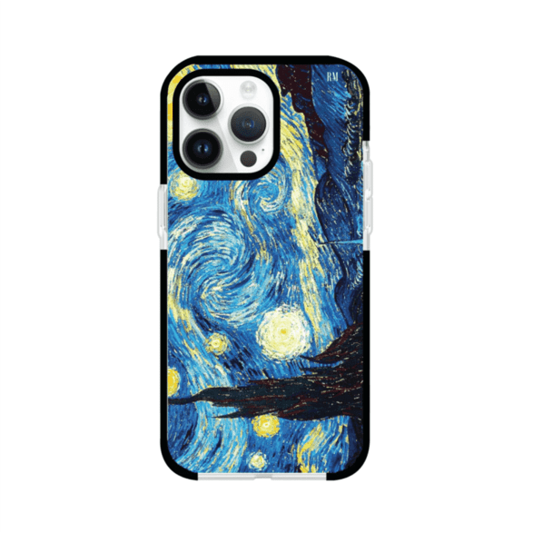 Funda para iPhone con diseño de La Noche Estrellada de Van Gogh. Ideal para amantes del arte clásico, con colores vibrantes en azul y amarillo que evocan una atmósfera mágica. Diseño exclusivo de Remark MX