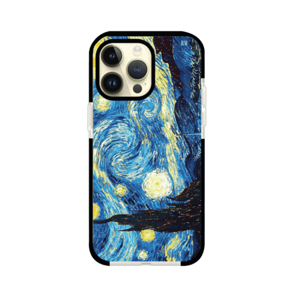 Funda para iPhone con diseño de La Noche Estrellada de Van Gogh. Ideal para amantes del arte clásico, con colores vibrantes en azul y amarillo que evocan una atmósfera mágica. Diseño exclusivo de Remark MX