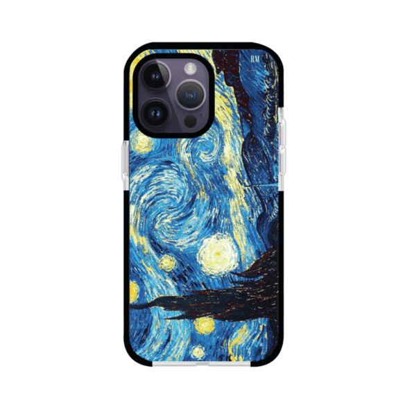 Funda para iPhone con diseño de La Noche Estrellada de Van Gogh. Ideal para amantes del arte clásico, con colores vibrantes en azul y amarillo que evocan una atmósfera mágica. Diseño exclusivo de Remark MX